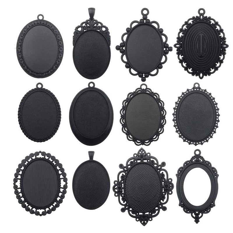 iloveDIYbeads 10 قطع 30x40 مم حامل قلادة بيضاوي أسود فارغ قاعدة إعدادات كابوشون (M117) - Image 1